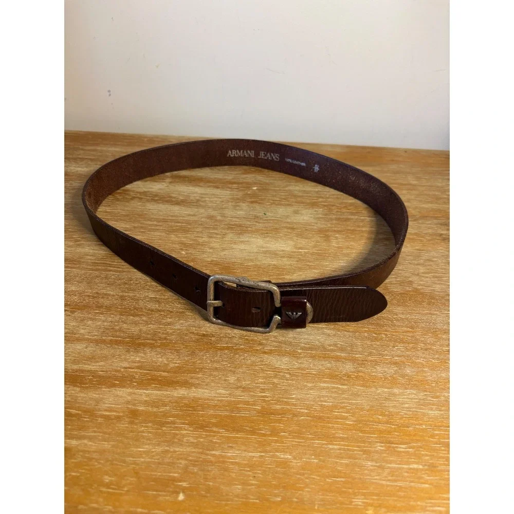 Armani Jeans Mens Dark Brown Pebbled Leather Belt Silver Eagle Logo Buckle 34 85